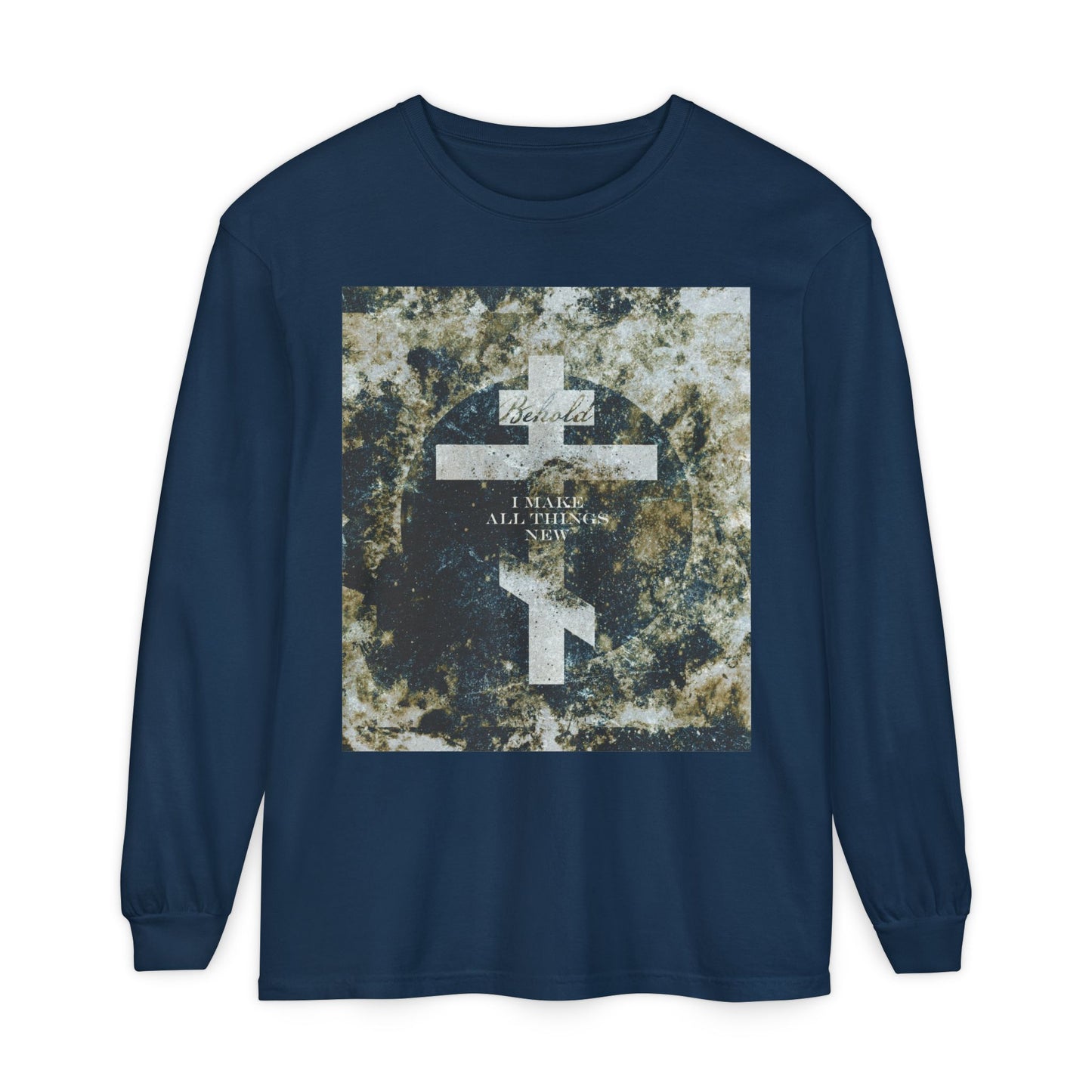 Behold, I Make All Things New | Revelation 21:5 | Cosmic Textured Orthodox Cross | Parousia | Orthodox Christian Long Sleeve Shirt
