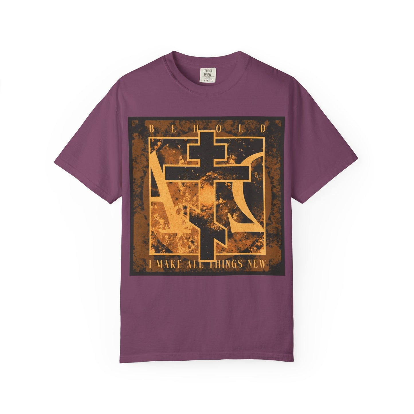 Berry t-shirt featuring a brown and orange Orthodox cross with Alpha & Omega background, inspired by Revelation 21:5 and the promise of a new heaven and new earth, with the text "Behold, I Make All Things New.