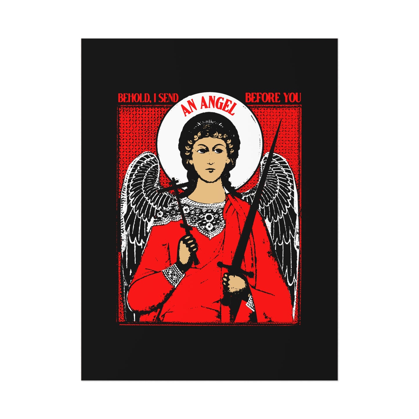 Behold I Send an Angel Before You (Ex 23:20) | Guardian Angel With Cross & Sword IconoGraphic | Orthodox Christian Art Poster
