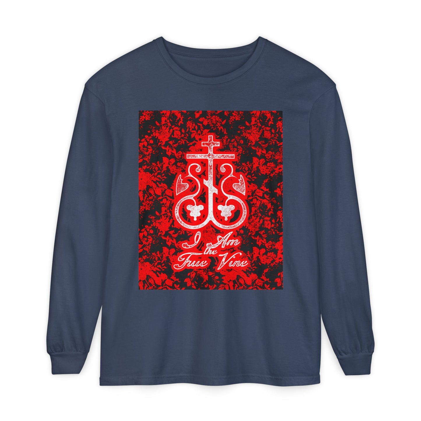 I Am the True Vine (John 15:1) | Orthodox Cross Vine Monogram | Red and Black Floral Design | Orthodox Christian Long Sleeve Shirt