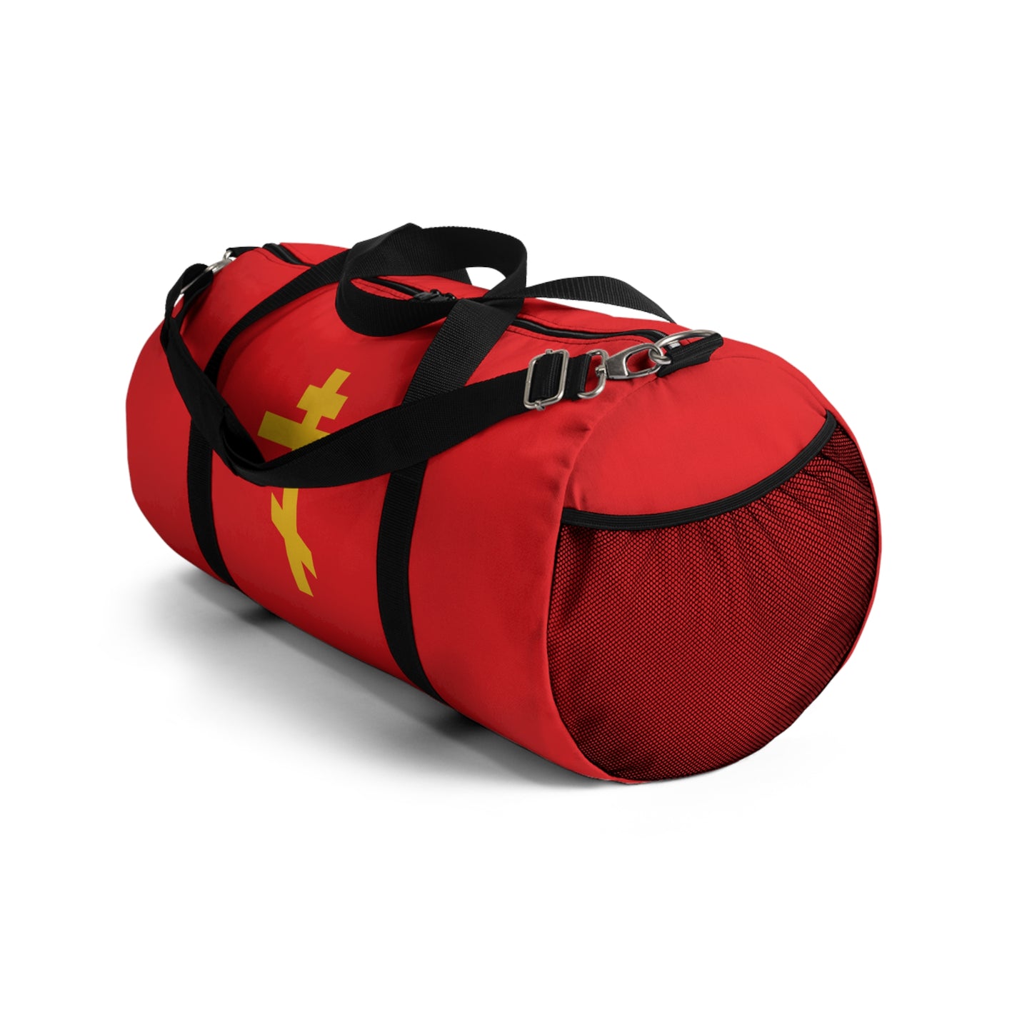Red Christian gym duffel bag with black straps, yellow Orthodox cross graphic on the side, and a mesh pocket on the rounded end. Inspired by "Precious and Life-Giving Weapon of Unseen Warfare" and "Scourge of Demons.