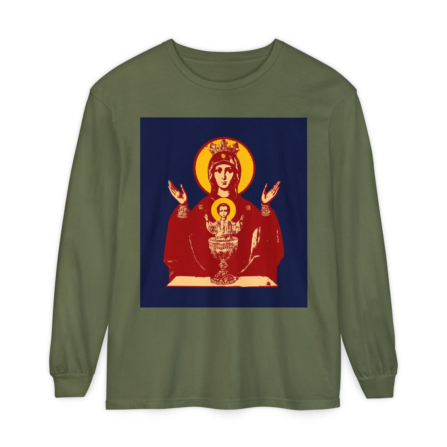 Hemp long-sleeve shirt featuring the Holy Theotokos IconoGraphic of the Inexhaustible Chalice—Deliverer from Addictions and Conqueror of Passions—inspired by Orthodox Christian tradition.