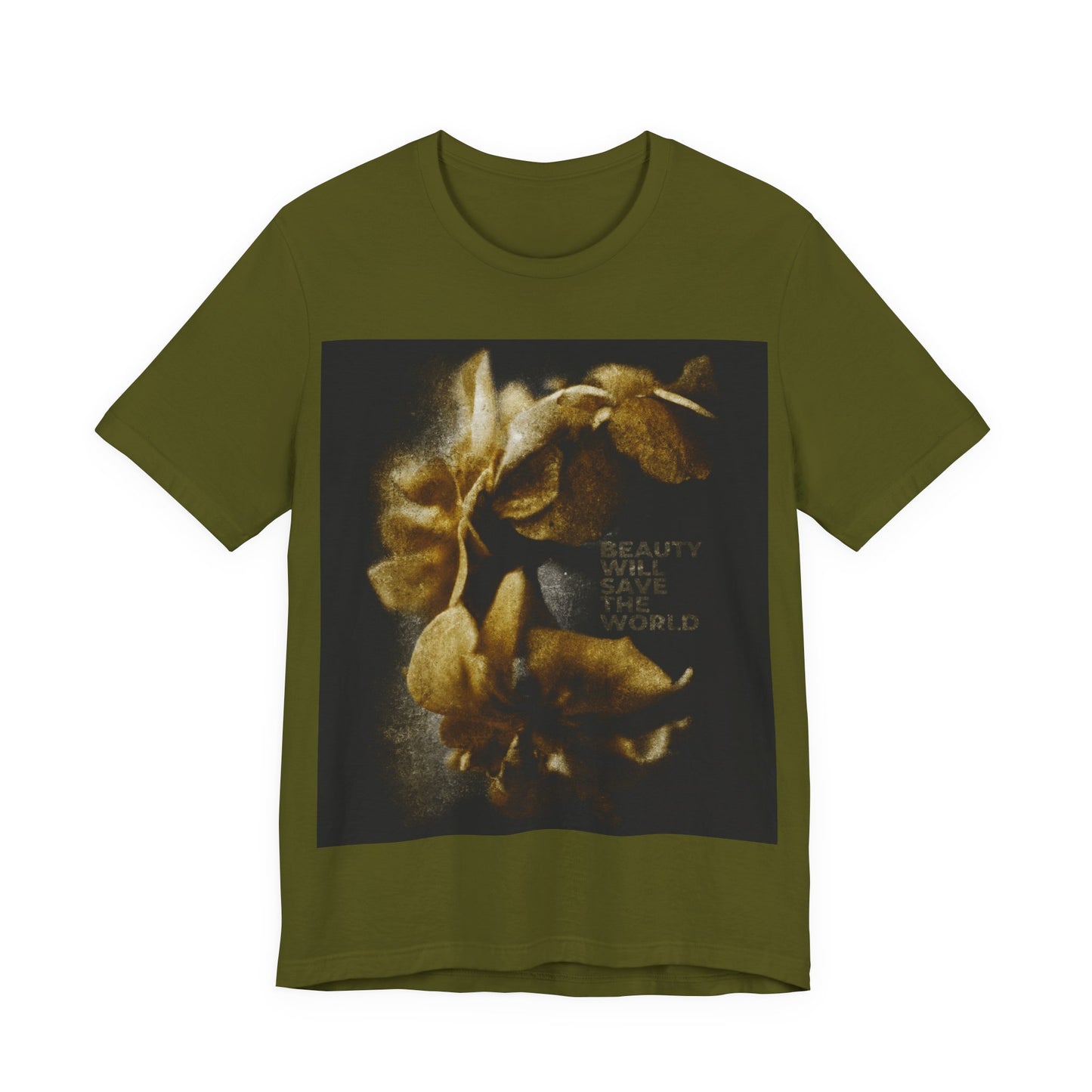 Olive “Beauty Will Save the World” T-shirt featuring Dostoevsky-inspired photographic artwork glorifying Jesus Christ, Universal Creator & King—an Orthodox Christian design celebrating beauty and goodness in creation.