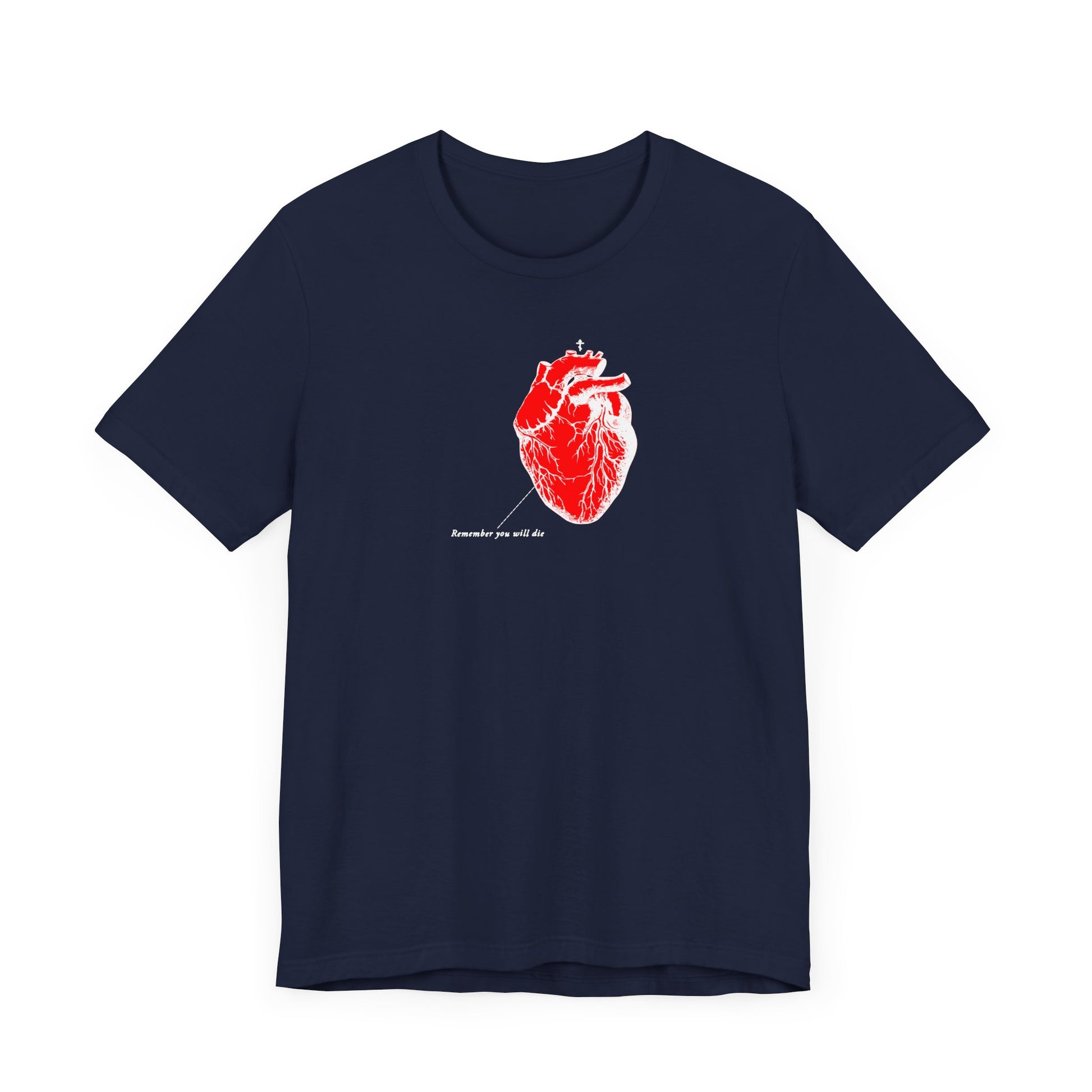 The Remember You Will Die navy Bella+Canvas 3001 t-shirt features a bold red anatomical heart design and text, blending comfort, style, and statement.