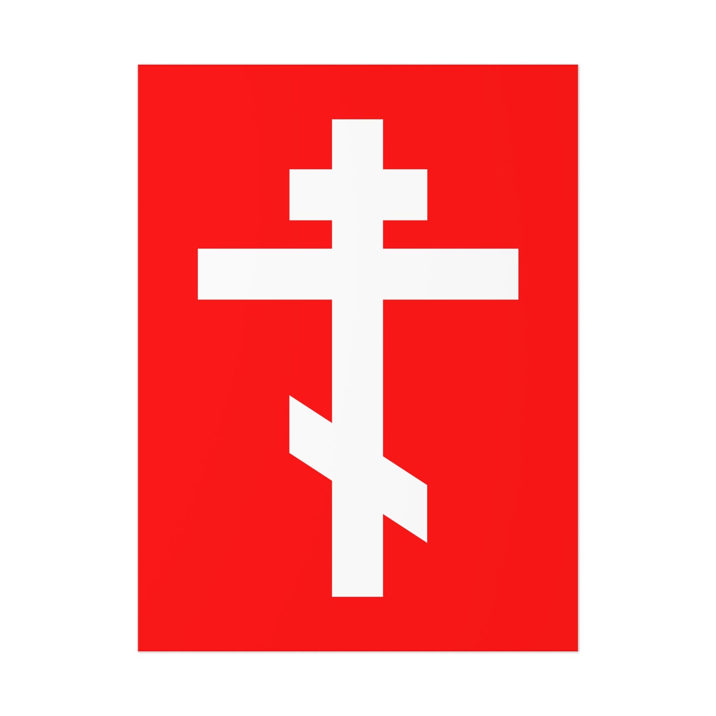 The "White Orthodox Cross Red Background" poster features a white cross symbolizing Christ’s sacrifice on a red background, with the verse: “May I never boast, except in the cross of our Lord Jesus Christ” (Gal 6:14).