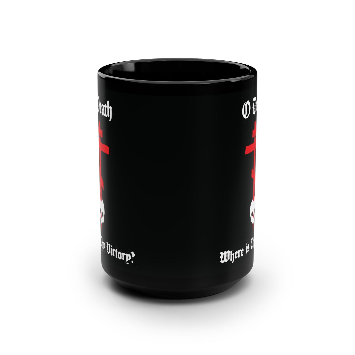 O Death Where is Thy Victory? 1 Cor 15:55 | Cross Stabbing Skull | Spraypaint Aesthetic | Orthodox Christian 15oz Black Mug