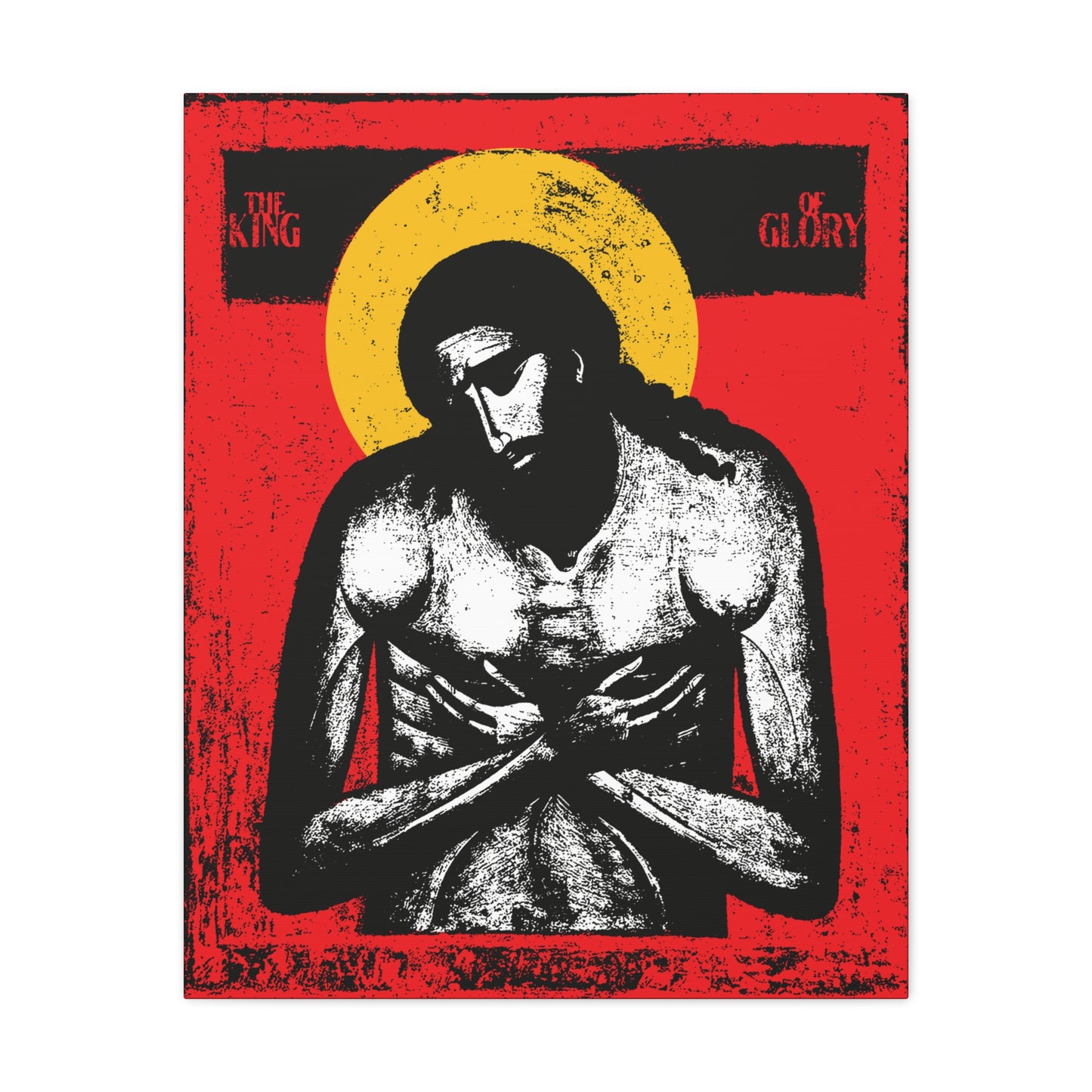 The King of Glory Jesus Christ "Extreme Humility" IconoGraphic features a stylized image with crossed arms, yellow halo, and red background; Christian devotional wall art in red, yellow, white, and black. Inspired by Isaiah 53.