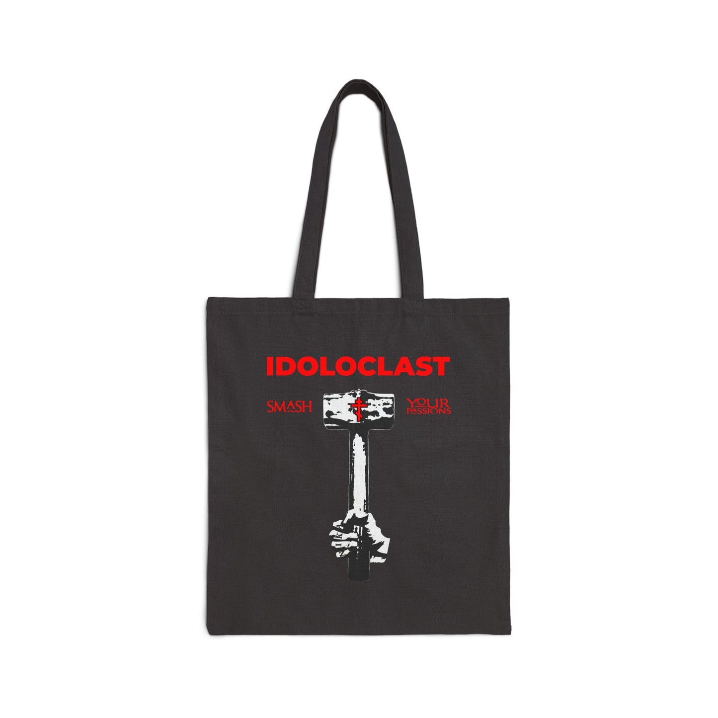 Black "Idoloclast Idol-Smasher" tote bag with "Jesus Fist w/ Sledgehammer" graphic and bold red ICXC NIKA text—celebrate Orthodox Christian asceticism and smash your passions with this striking design.