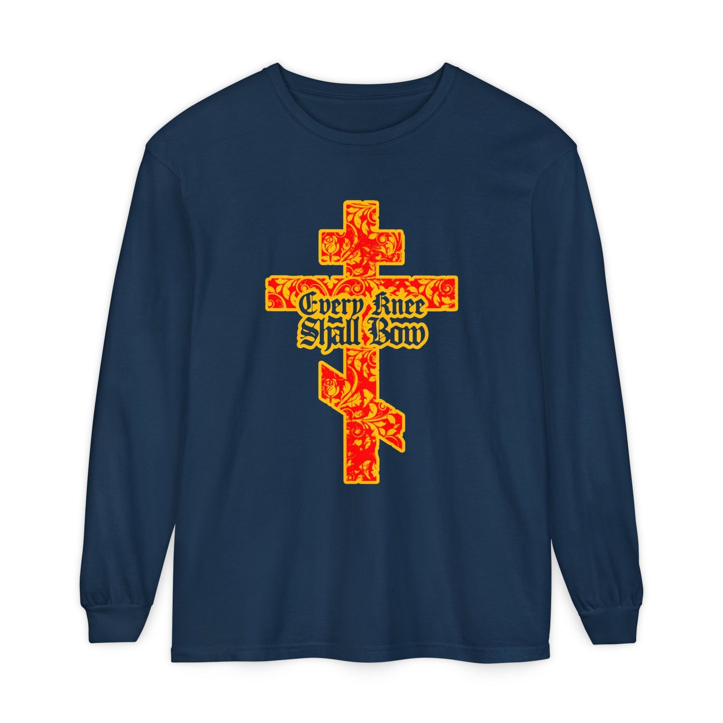 Navy long sleeve featuring a gold and red floral Orthodox cross with "Every Knee Shall Bow" in Gothic lettering, inspired by Isaiah 45:22-24 & Philippians 2:7-11. Christian design blends faith and style.