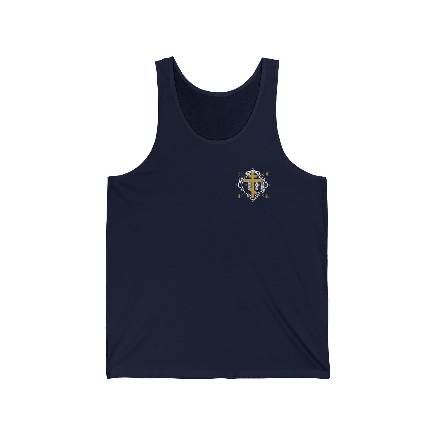 Gold Orthodox Cross ICXC NIKA  (Small Design) | White Medieval Ornate Floral Pattern | Jesus Christ Conquers | Orthodox Christian Tank Top