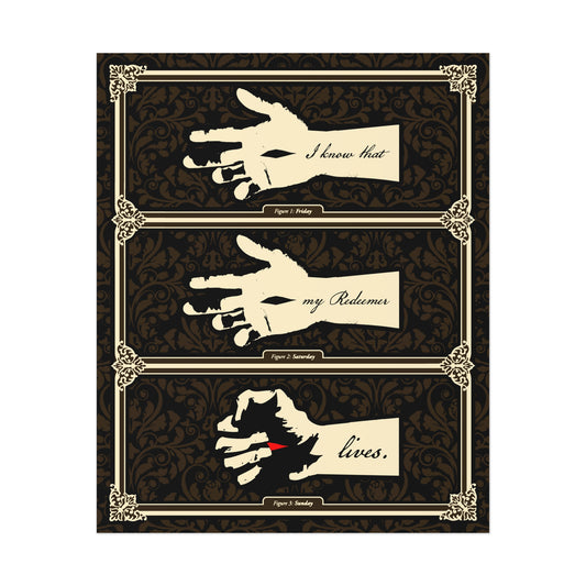 The "I Know That My Redeemer Lives (Job 19:25)" Orthodox Christian Poster features three panels with vintage earthtone art of Christ’s hands and a red mark, symbolizing enduring faith and the Resurrection.