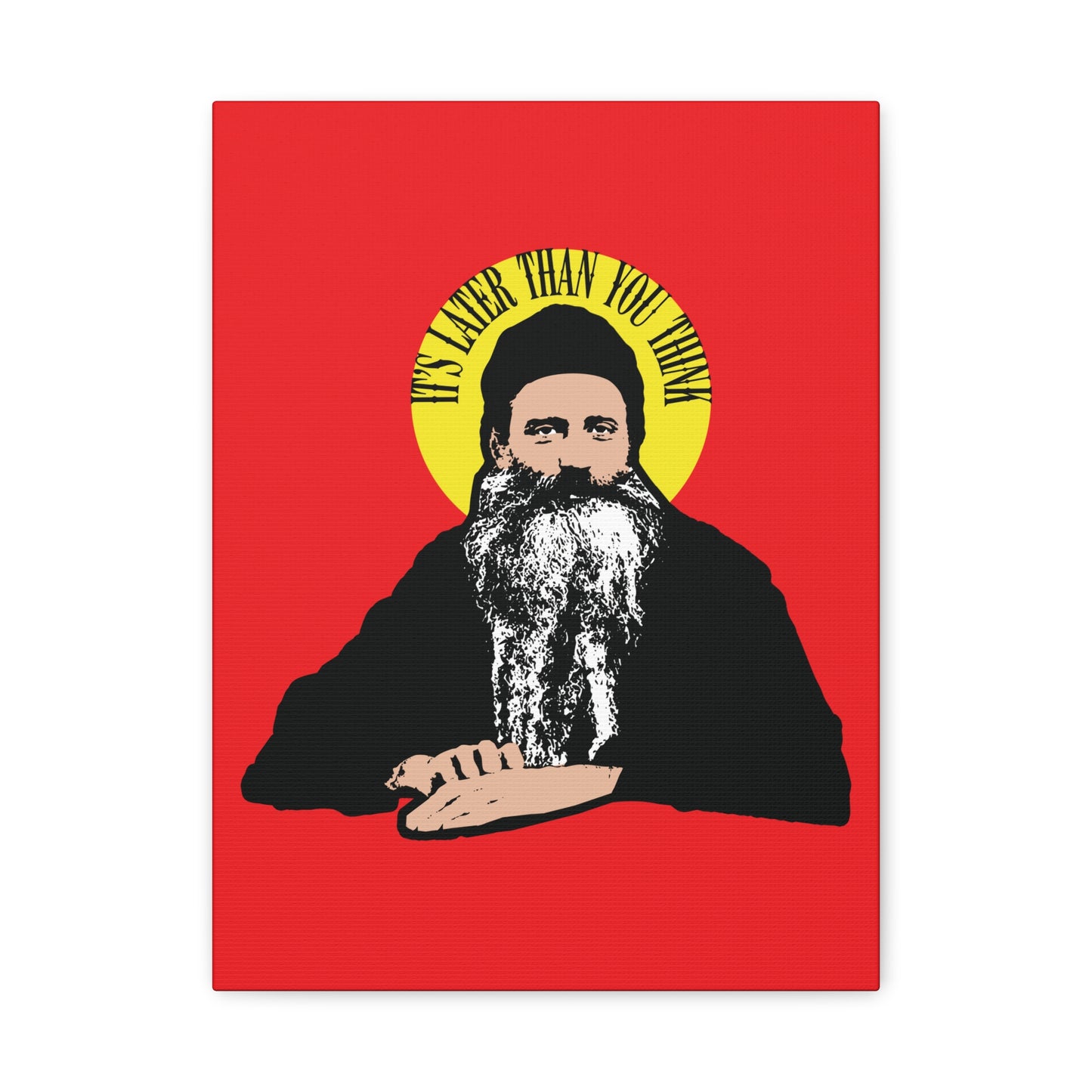 An illustrated bearded man with a yellow halo—featuring Fr Seraphim Rose's quote "It's Later Than You Think"—appears on this modern Orthodox Christian wall art, set on a red background.