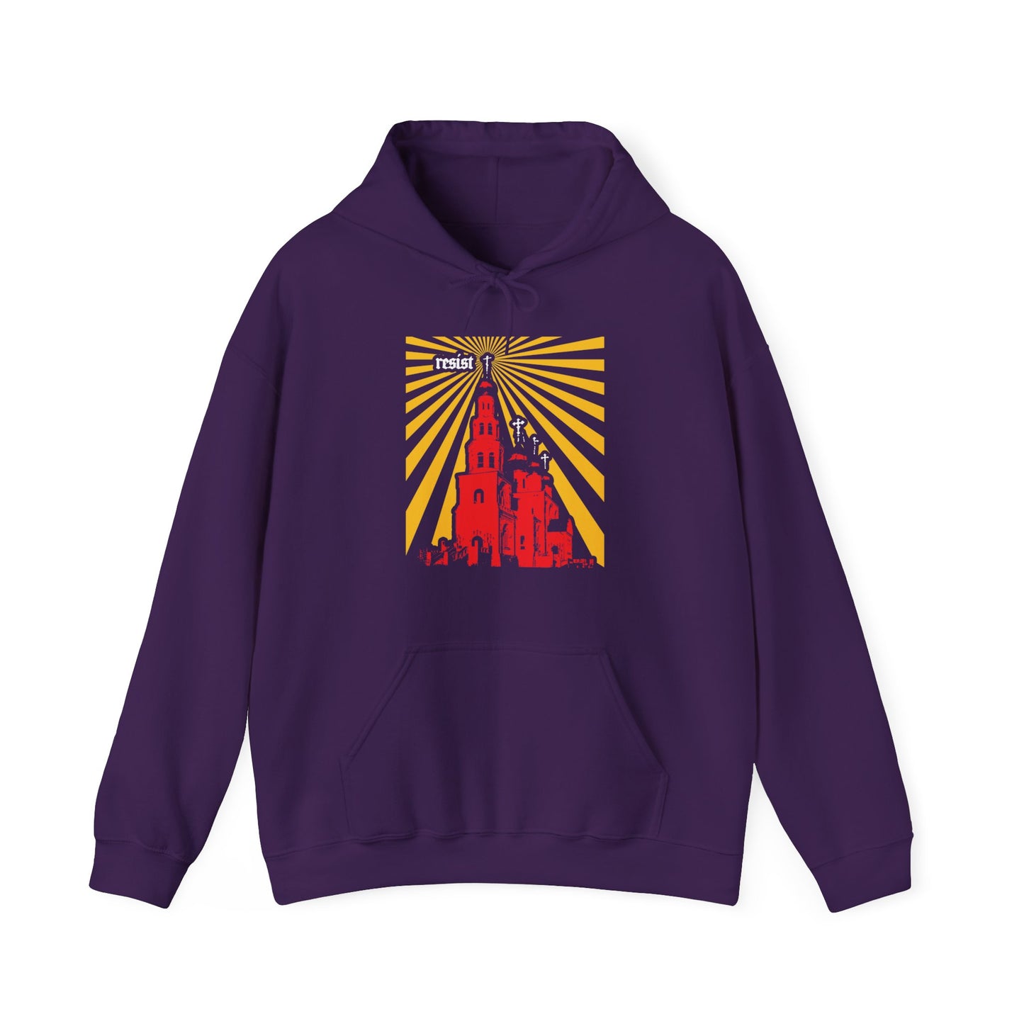 Purple "Resist (Orthodoxy Against the World) No. 1" Orthodox Christian hoodie featuring a yellow and red graphic of a tower, people, and the word "resist" at the top—a bold statement in faith.