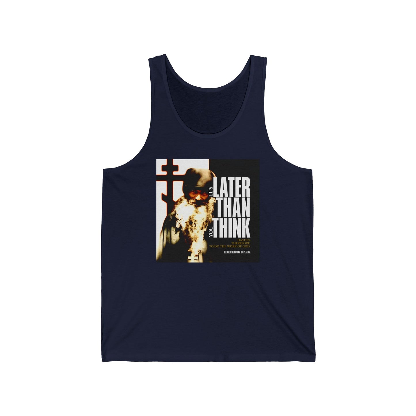 It's Later Than You Think | Fr Seraphim Rose | Photo with Modern Cinematic Poster Typography | Orthodox Christian Jersey Tank Top / Sleeveless Shirt