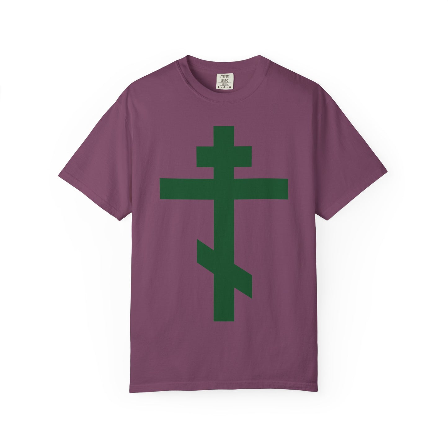 Berry-colored unisex heavyweight cotton tee featuring a large forest green Orthodox tribar cross on the front, inspired by the faith and devotion of St. John of Kronstadt and inscribed with “Preserve Thy People By Thy Cross, O Lord” and “Christ is King.”.
