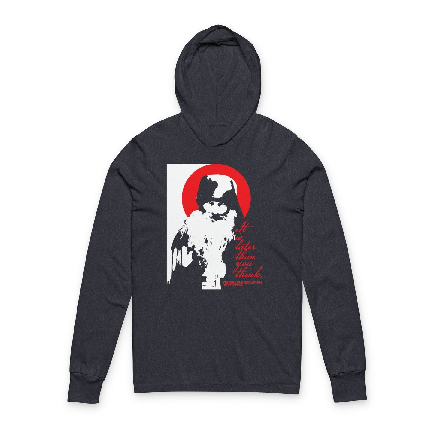 The Remembrance of Death "It’s Later Than You Think" hooded shirt features a high-contrast black-and-white graphic of Fr Seraphim Rose with a red circle and “It’s deeper than you think” text, inspired by modern Orthodox Christian spiritual life.