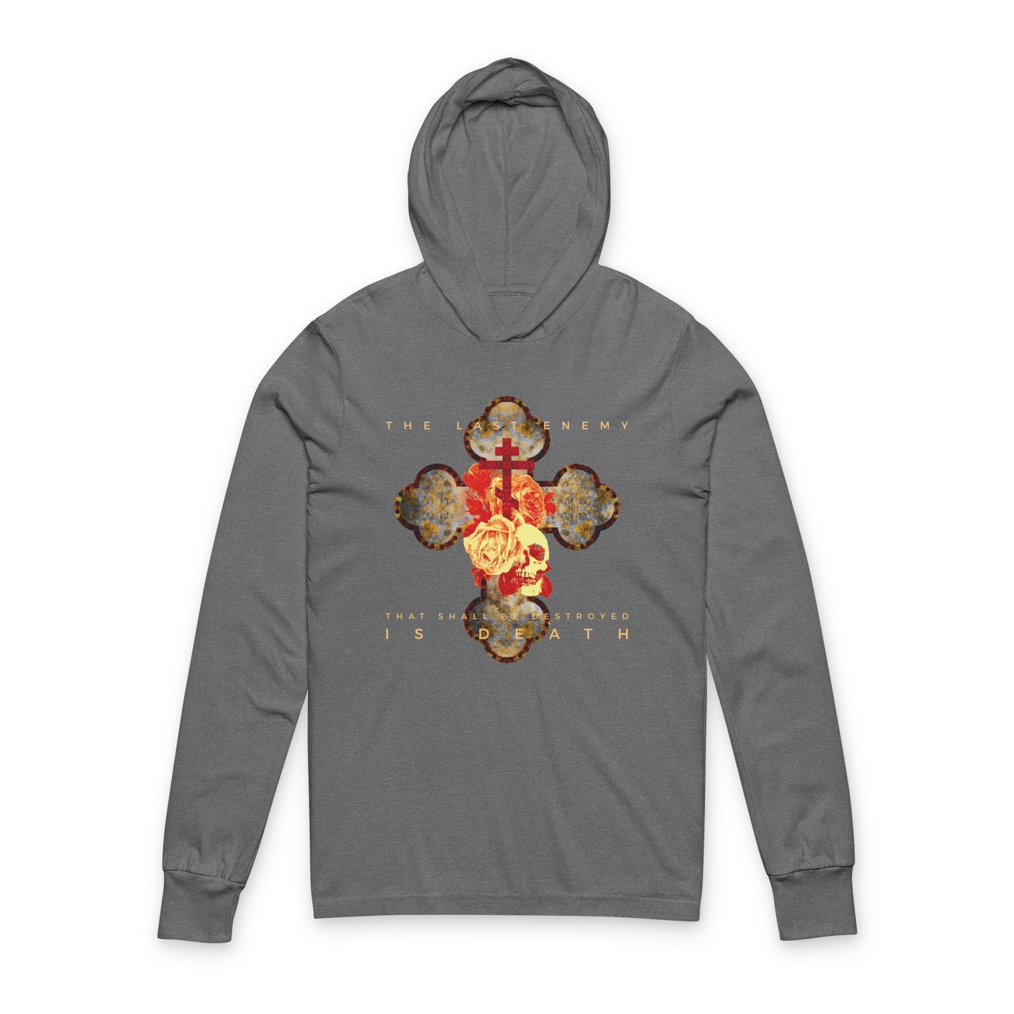 Remembrance of Death “The Final Enemy That Shall Be Destroyed Is Death (1 Cor 15:26)” Orthodox Christian hooded shirt features a metallic gothic cross with a rose and skull on a gray sweatshirt, inspired by 1 Corinthians 15.