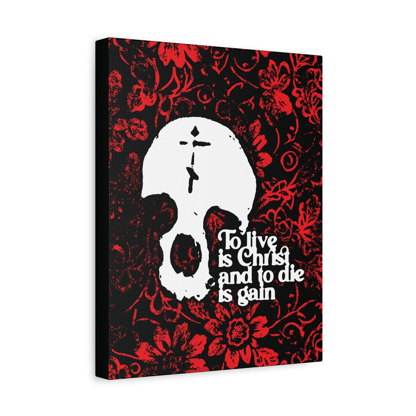 To Live is Christ To Die is Gain (Phil 1:21) | Skull with Cross on Red Floral Texture | Orthodox Christian Canvas Art