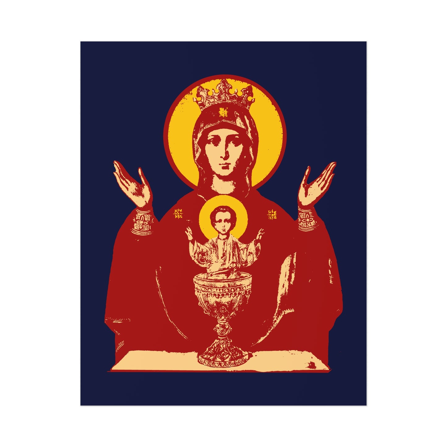 Holy Theotokos IconoGraphic of the Inexhaustible Chalice poster: Orthodox Christian art featuring the crowned Mother of God with raised hands and Christ in a chalice, venerated for deliverance from addictions and conquering passions.