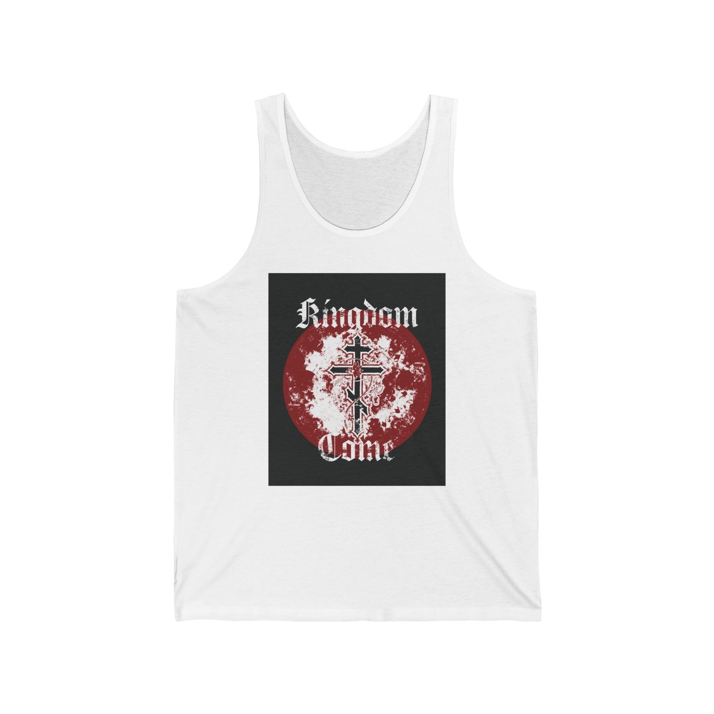 Kingdom Come | Lord's Prayer | Orthodox Cross with Vine | Textured Gothic Font | Orthodox Christian Cotton Tank Top