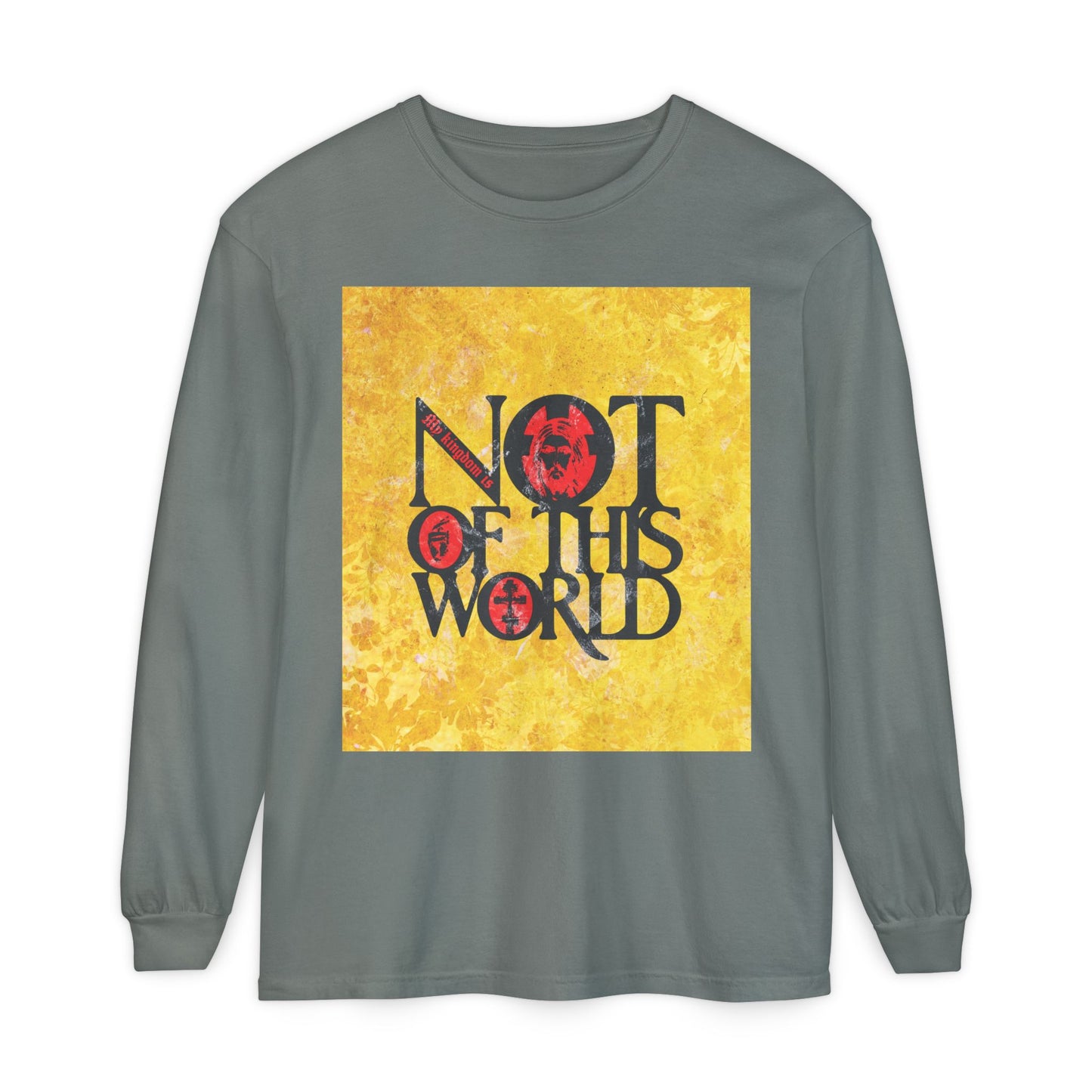 My Kingdom is Not of This World (John 18:36) | Bold Red, Yellow & Black Textured Design with Icon Motifs | Orthodox Christian Long Sleeve Shirt