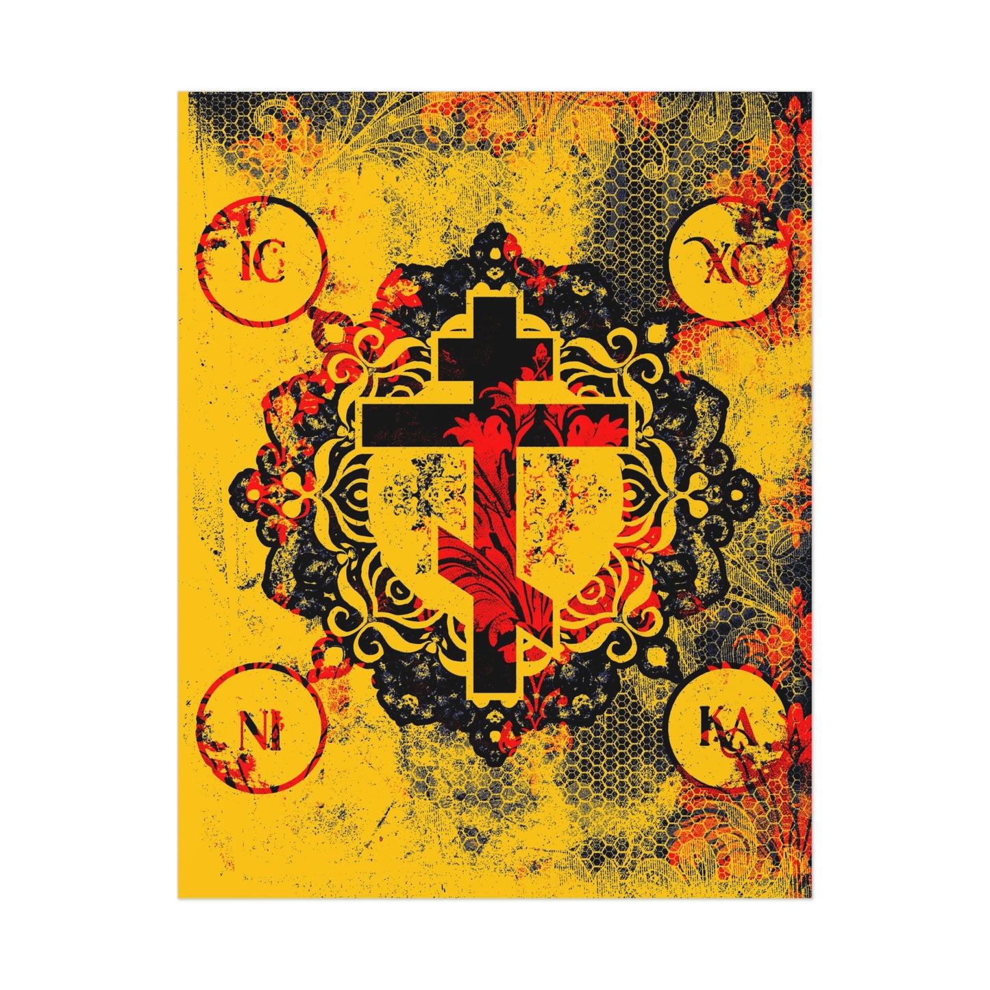 IC XC NIKA Orthodox Cross | Yellow & Red Modern & Medieval Textured Floral Design | Orthodox Christian Art Poster