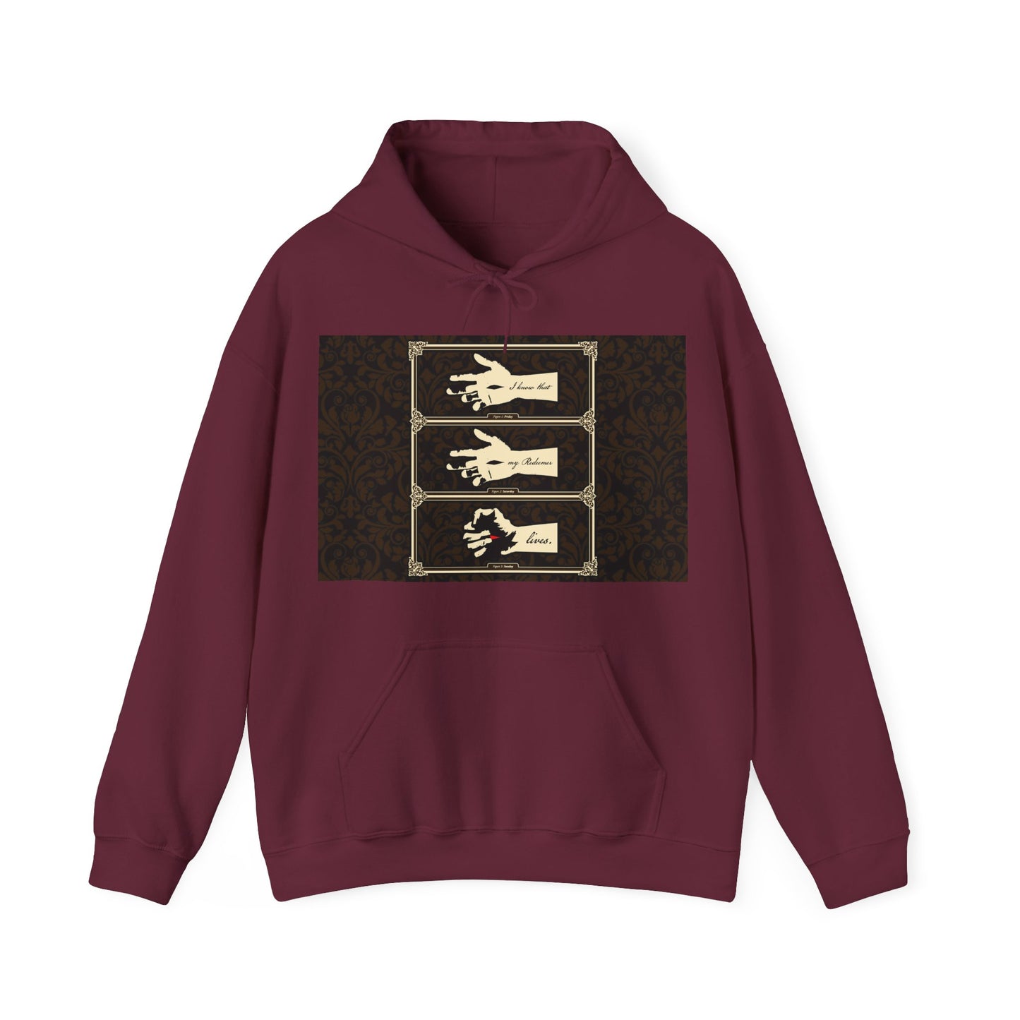 Maroon hoodie featuring the Hand of the Crucified Christ and "I Know That My Redeemer Lives" (Job 19:25) in earthtone Americana style—an Orthodox Christian piece symbolizing resurrection and hope.