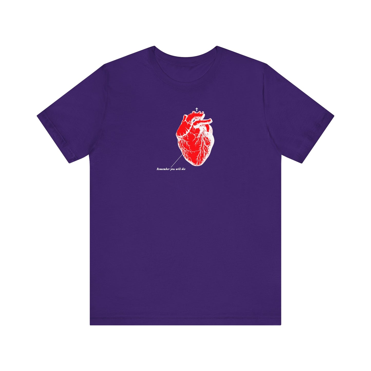 The Team Purple Remember You Will Die Bella+Canvas 3001 T-shirt features a red anatomical heart graphic with elegant white script below. Made from high-quality cotton, it blends style and comfort seamlessly.