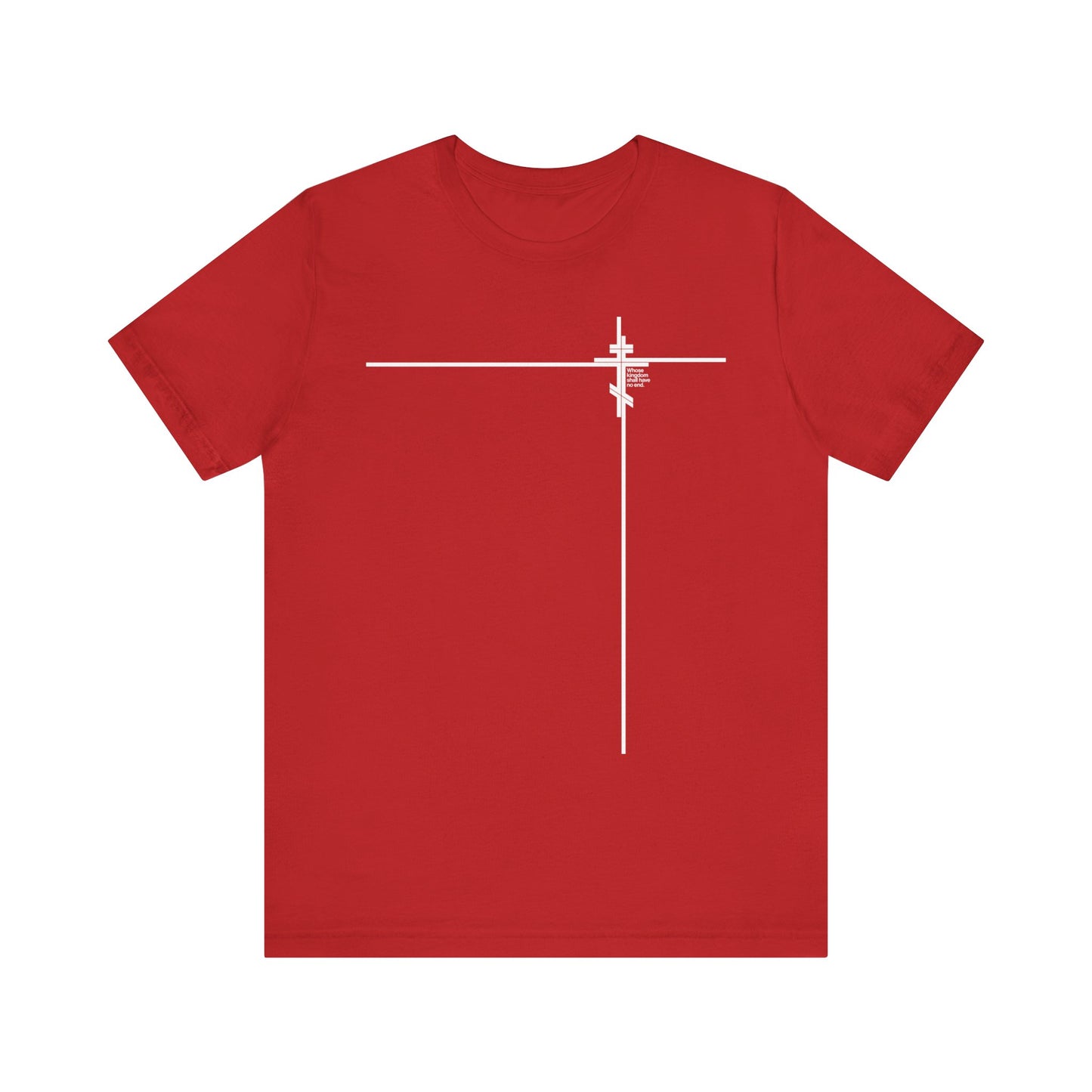 Whose Kingdom Shall Have No End (Small Design) T-shirt: A lightweight cotton unisex tee in red, featuring a minimalist Orthodox Cross in white intersecting lines and subtle small text near the top right, symbolizing the enduring strength of Orthodox doctrine and the unifying promise of Christ’s kingdom, inspired by Luke 1:32-33.