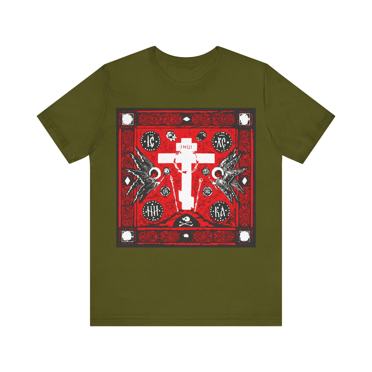 Adoration of Holy Cross IconoGraphic | Striking Red, White, & Black Russian Cross Design w/ Angels | Orthodox Christian T-Shirt