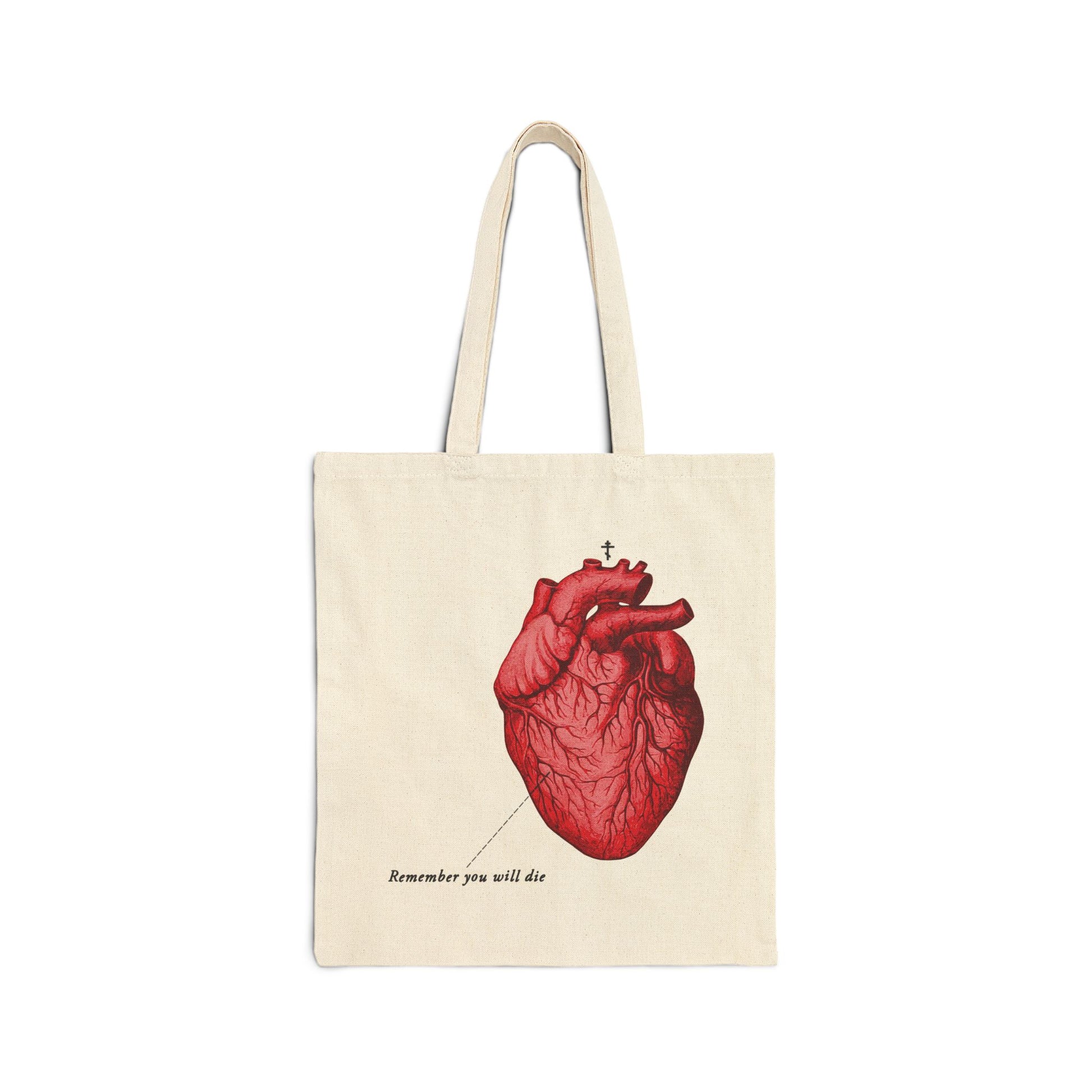 Natural tote bag featuring a retro medical textbook heart, Orthodox cross, and the phrase "Remember You Will Die"—a Christian memento mori and reminder that it’s later than you think.