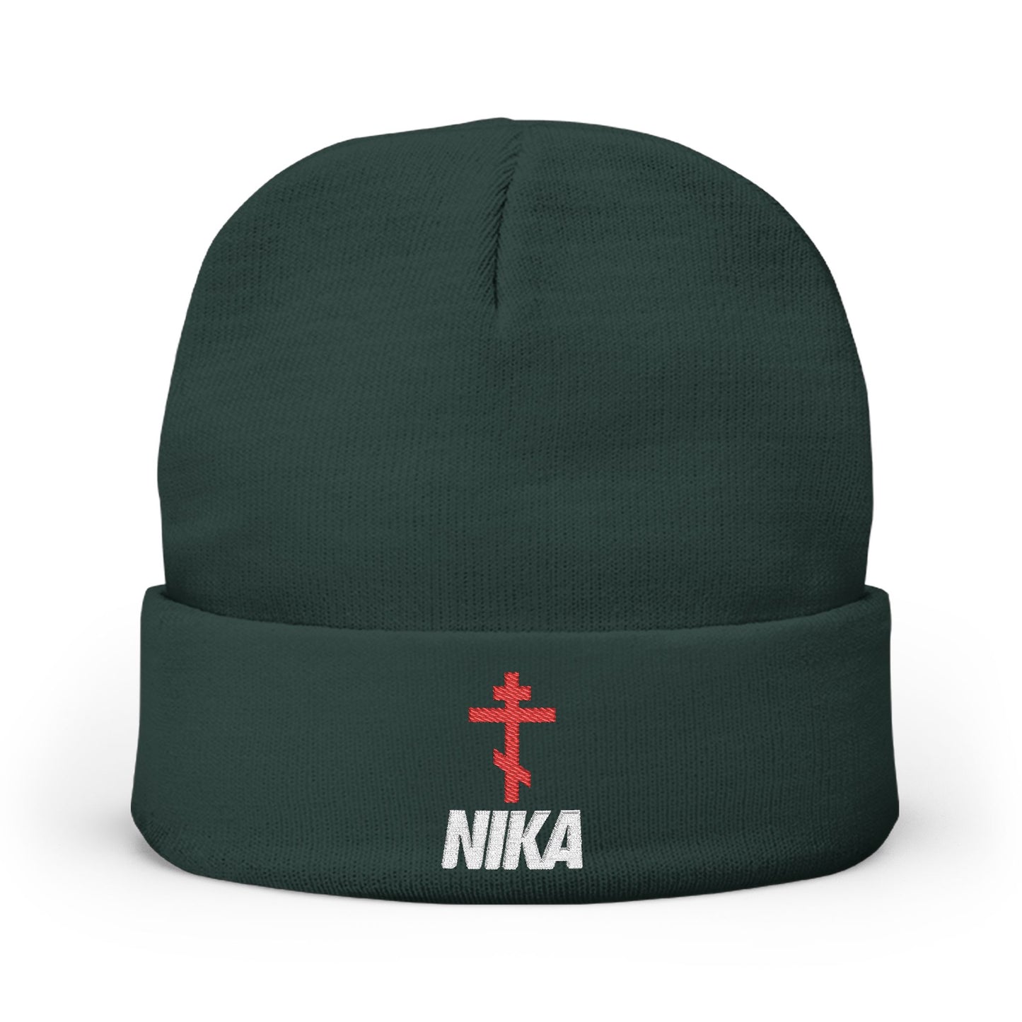 NIKA Red Embroidered Orthodox Cross | NIKE Logo Mashup | Athletic Aesthetic | Orthodox Christian Embroidered Knit Beanie