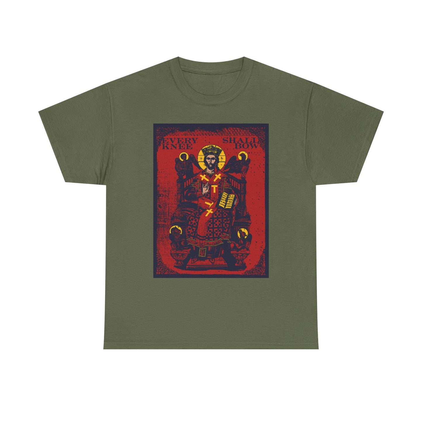 Military green heavy cotton t-shirt featuring Christ Enthroned IconoGraphic, Ezekiel’s Chariot, and "EVERY KNEE SHALL BOW" (Phil 2:8-11, Isaiah 45:23)—a bold way to express your faith that Jesus Christ is Lord.