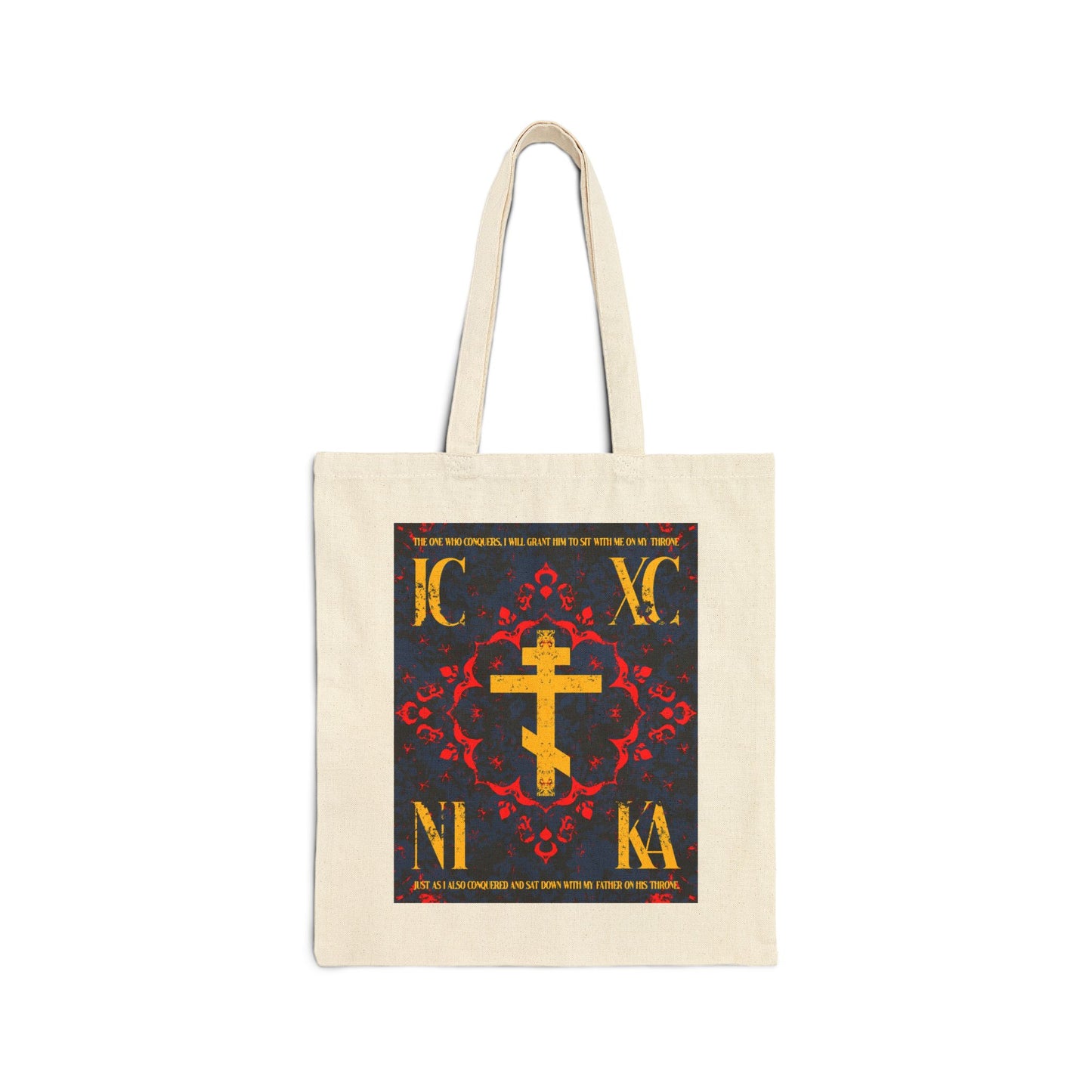 IC XC NIKA Orthodox Cross | Medieval Floral Design | The One Who Conquers (Revelation 3:21) | Orthodox Christian Tote Bag