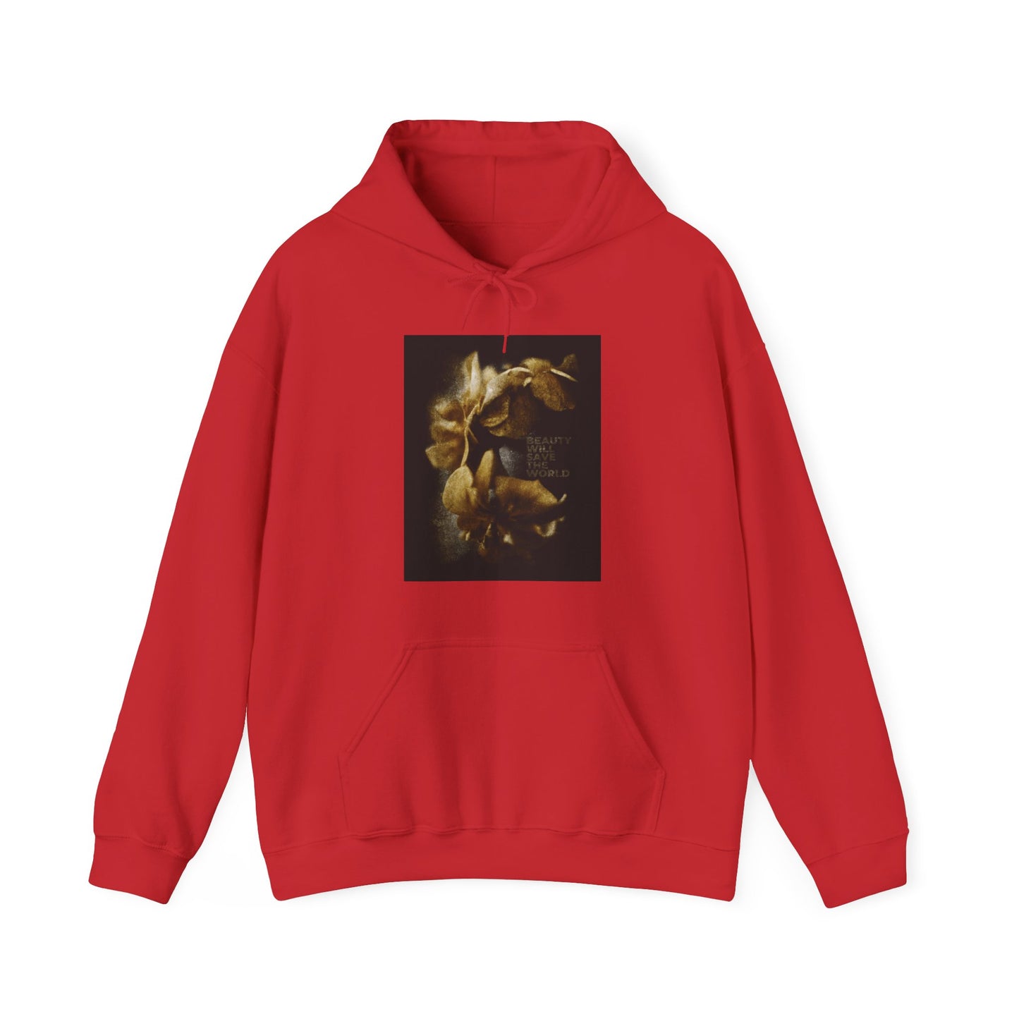 Red "Beauty Will Save the World" Christian hoodie featuring Dostoevsky-inspired photographic artwork glorifying Jesus Christ, Universal Creator & King.