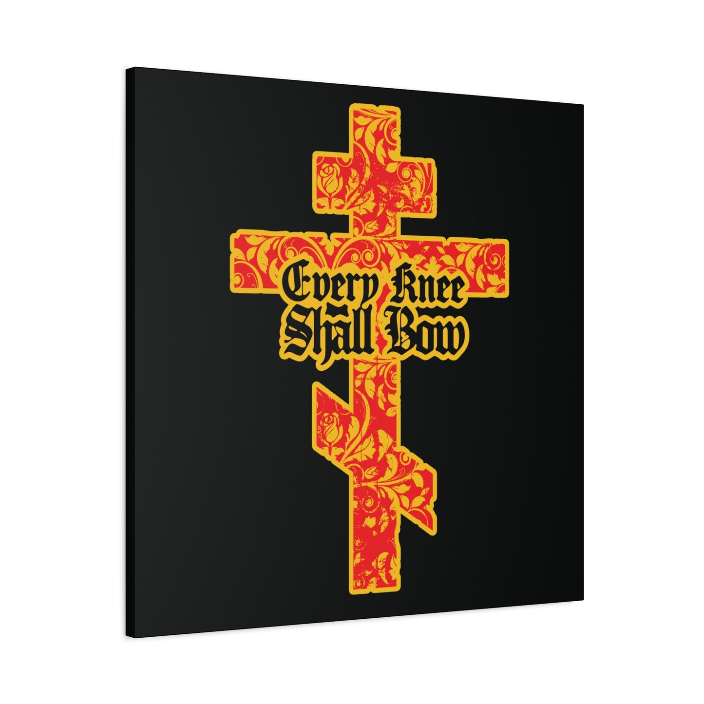 The "Every Knee Shall Bow" Christian wall art features a gold and red floral Orthodox cross with Gothic lettering and references to Isaiah 45:22-24 and Philippians 2:7-11, set on a dramatic black background.
