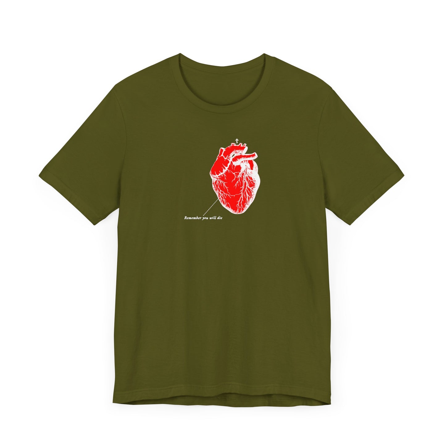 A high-quality green cotton T-shirt with a red anatomical heart and white text, made from Bella+Canvas 3001 fabric. Named Remember You Will Die, it showcases a striking retro medical textbook heart design with inverted shadows.