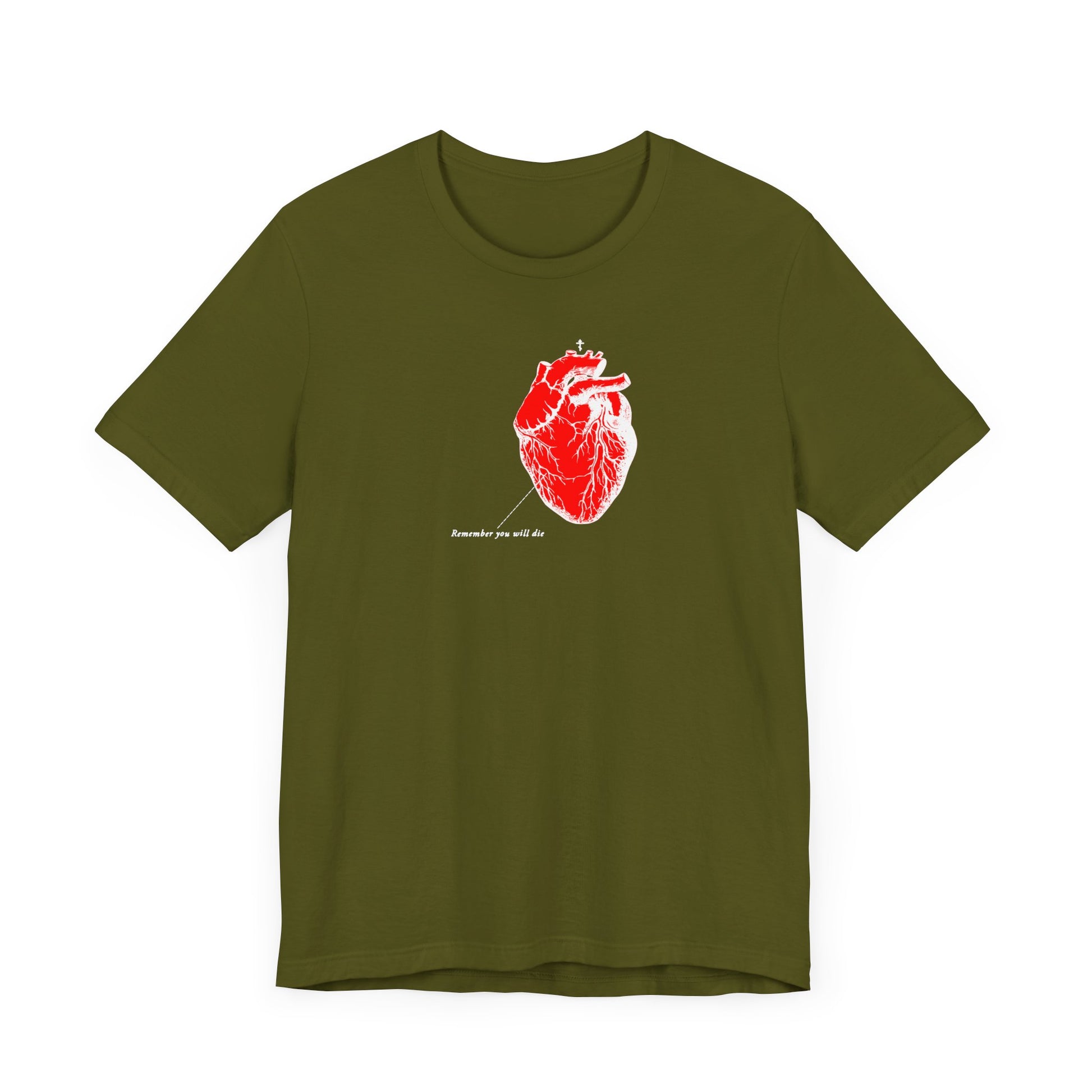 A high-quality green cotton T-shirt with a red anatomical heart and white text, made from Bella+Canvas 3001 fabric. Named Remember You Will Die, it showcases a striking retro medical textbook heart design with inverted shadows.