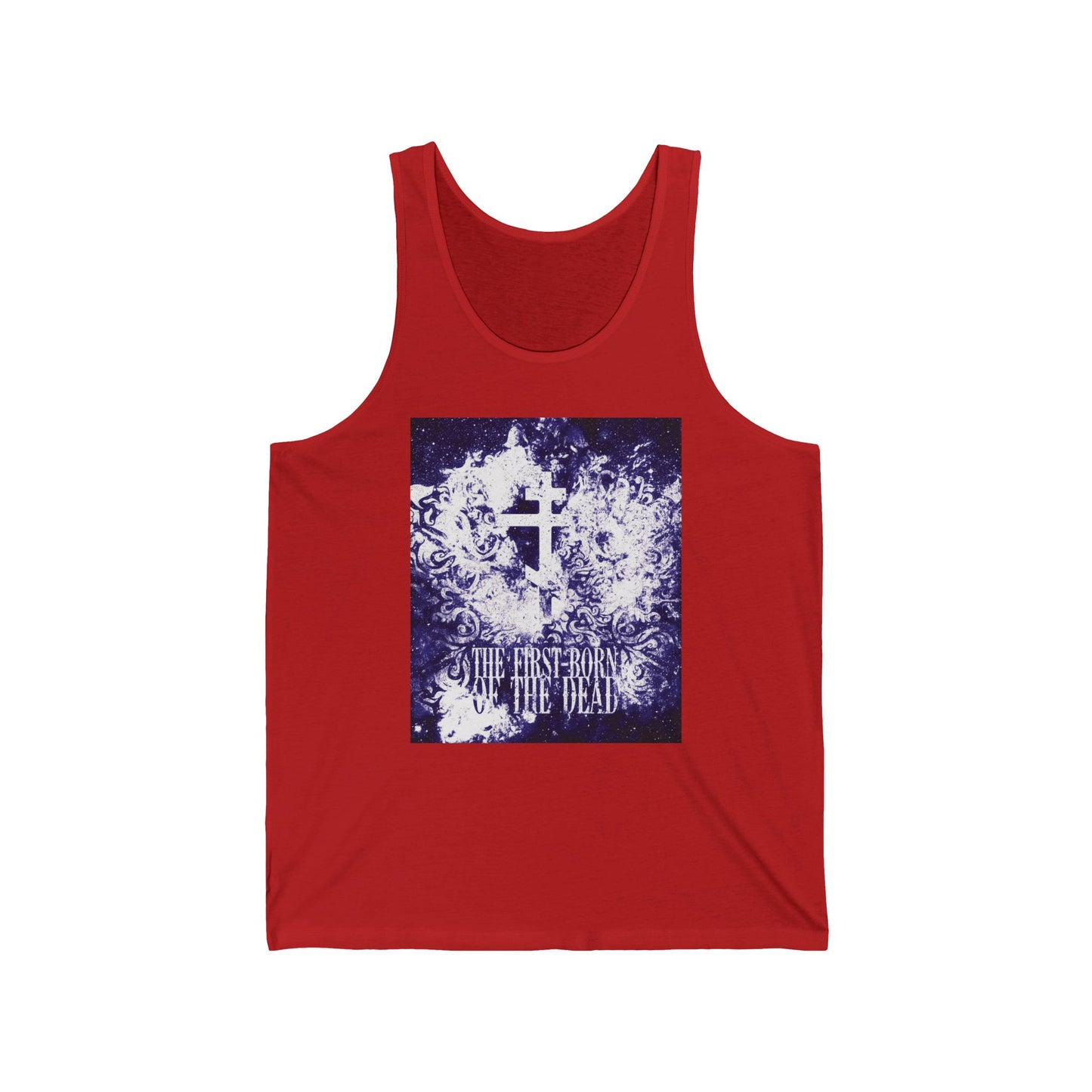 Red tank top featuring a glowing white and blue textured cosmic Orthodox cross and “The First-Born of the Dead” text—a bold statement of resurrection and apocalypse in Orthodox Christian faith.