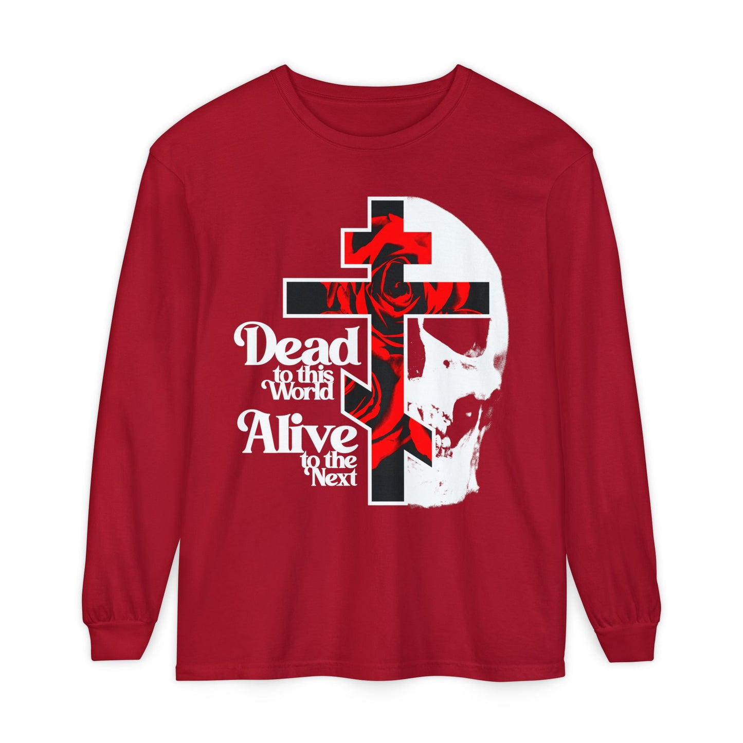 The "Dead to this World" red long sleeve shirt features a Christian goth flower cross & skull design with 70s typography, inspired by Orthodox tradition and the Ladder of Divine Ascent.