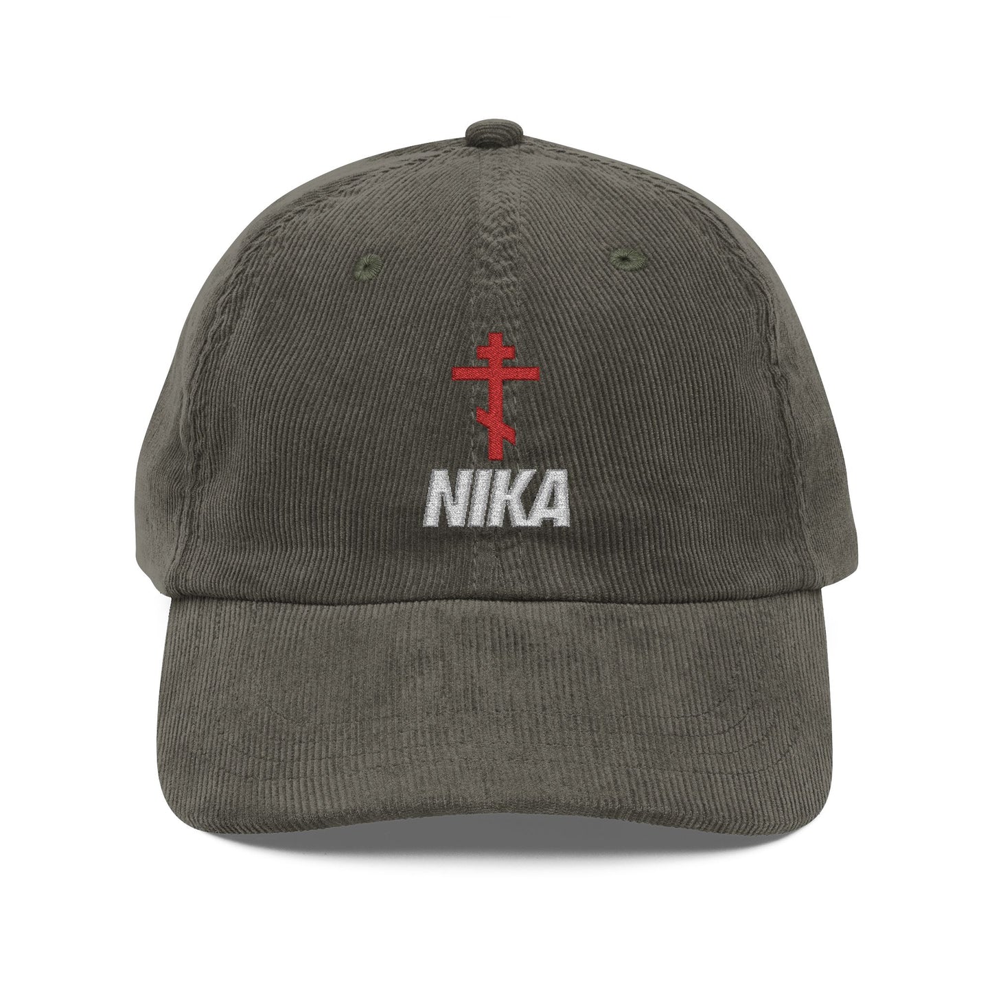 NIKA Red Russian Cross w/ White Text | NIKE Logo Mashup | Orthodox Christian Vintage Embroidered Corduroy Cap