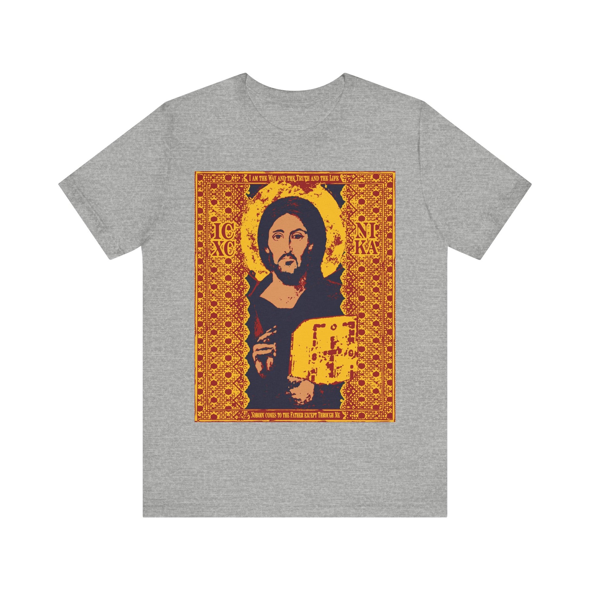 Athletic Heather t-shirt featuring the Jesus Christ Sinai Pantocrator IconoGraphic with yellow, red, and blue design, inspired by "I am the Way" (John 14:6) and ICXC NIKA, in Orthodox Christian style.
