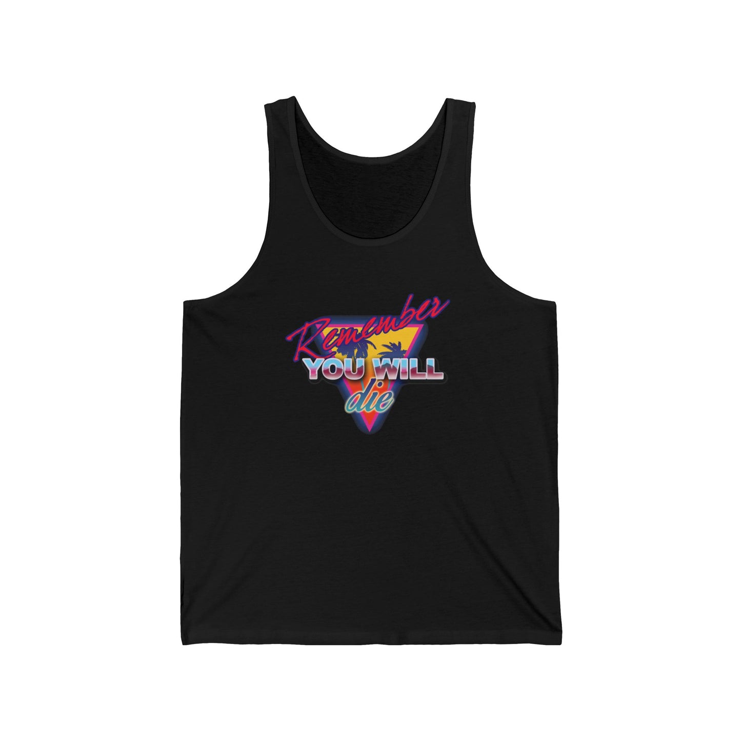 Black cotton tank top featuring 80s retro synthwave palm tree art and colorful “Remember You Will Die” text, inspired by Memento Mori and Orthodox Christian themes.