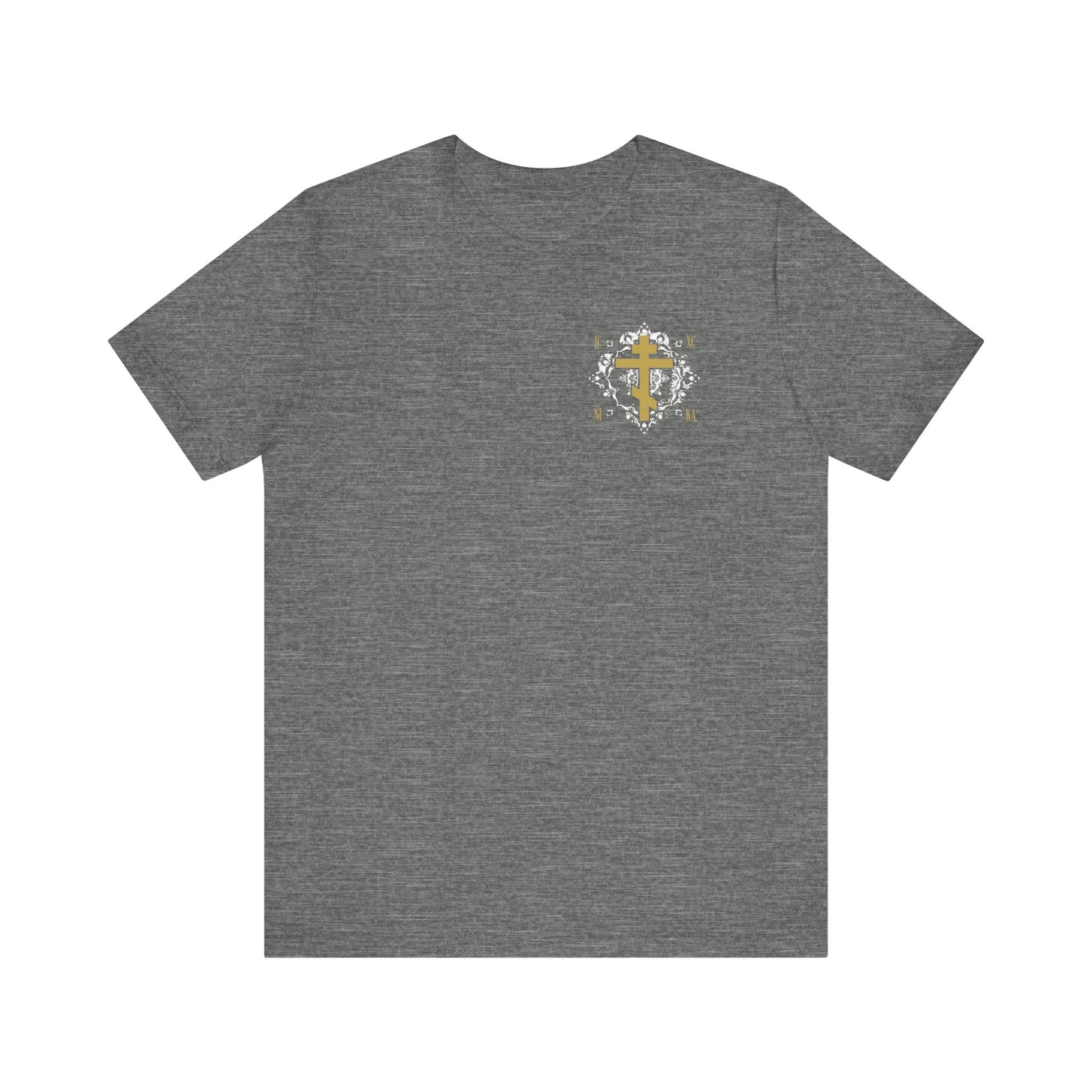Gold Orthodox Cross ICXC NIKA (Small Design) | White Medieval Ornate Floral Pattern | Jesus Christ Conquers | Christian Unisex Tee
