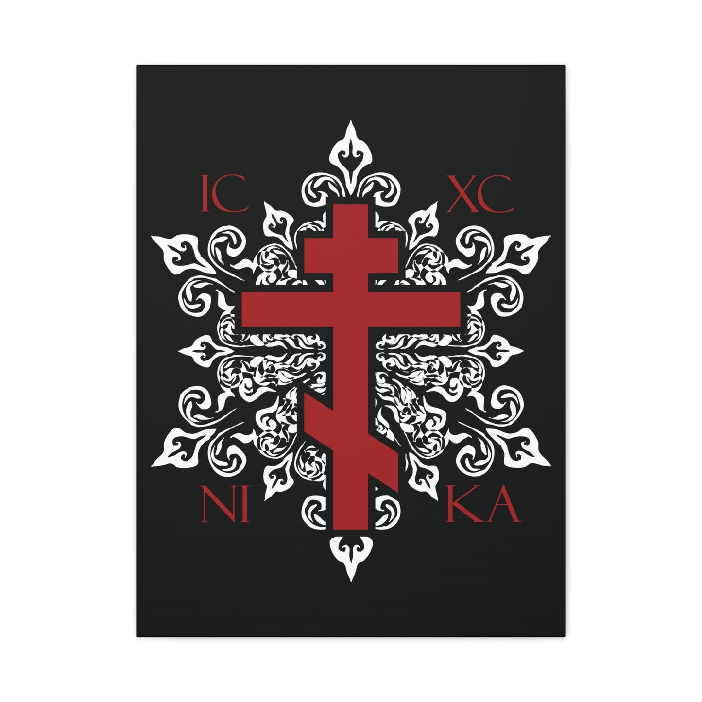 ICXC / NIKA Red Orthodox Cross on Ornate White Medieval Floral Design | Exclusive Best-Selling | Orthodox Christian Canvas Art