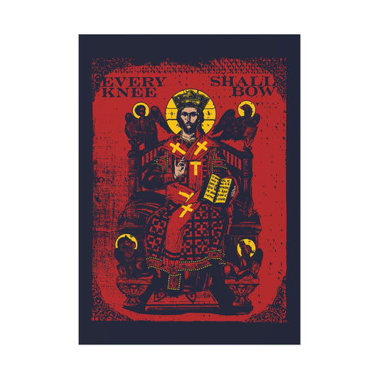 The “Every Knee Shall Bow” Orthodox Poster features Christ Enthroned with gold accents, the 4 Living Creatures (Ezekiel’s Chariot), and scripture from Phil 2:8-11 & Isaiah 45:23, proclaiming Jesus Christ is Lord.