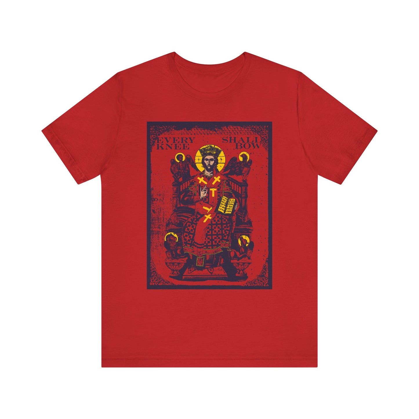 Red unisex lightweight cotton t-shirt featuring the "Every Knee Shall Bow" design with Christ Enthroned, inspired by Isaiah 45:23 and Philippians 2:8-11. Part of the IconoGraphic Ezekiel's Chariot collection.