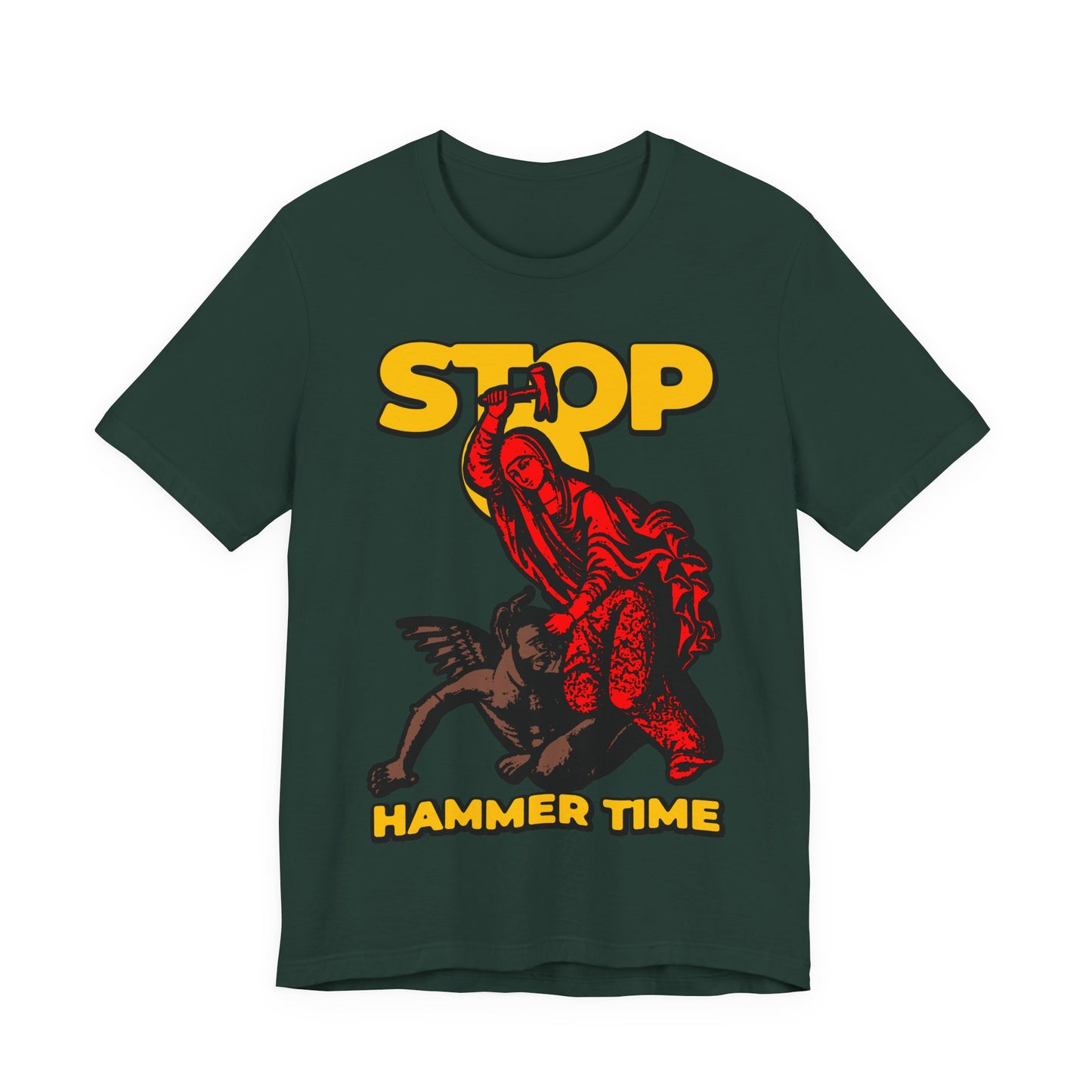 Dark green unisex tee: “St Marina of Antioch Beating the Devil with a Hammer”—features a red hammer-wielding figure on a black horse and “STOP, HAMMER TIME” text. Modern Orthodox meme inspired by the lives of the saints.