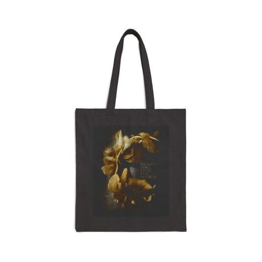 Black tote bag with "Beauty Will Save the World"—a Christian design inspired by Dostoevsky, glorifying Jesus Christ, universal Creator and King. Stylish and meaningful for everyday use.