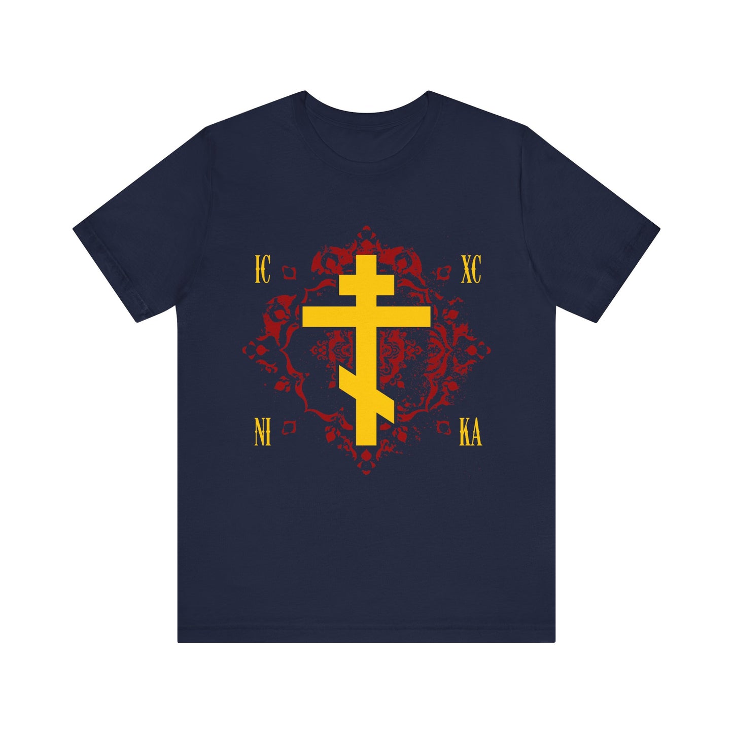 ICXC NIKA Yellow Russian Cross on Ornate Red Background Design | Jesus Christ Conquers | Orthodox Christian T-Shirt